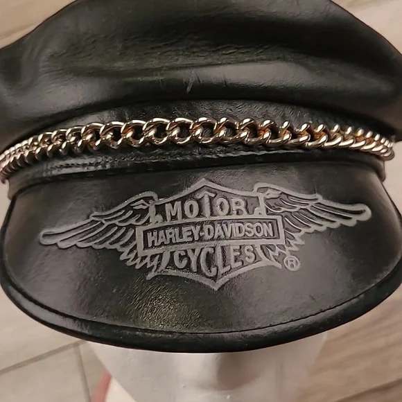 HARLEY DAVIDSON Black Leather Motorcycle Moto Captains Mens Hat Cap‎ VTG RARE
